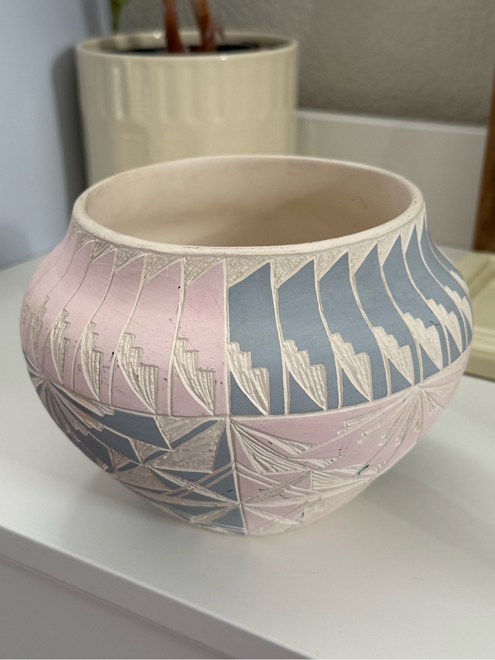 Signed Acoma New Mexico Native American Pottery - Pink & Dusty Blue Hand-Pattern
